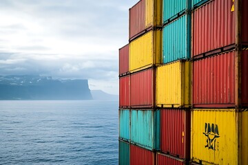 Fototapeta premium Colorful shipping containers stacked near a coastline under a cloudy sky.