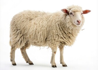 Fototapeta premium Fluffy Wooly Sheep on White Background - Adorable Farm Animal with Abundant Wool for Conceptual Photography, Illustrating Softness, Nature, and Livestock Beauty