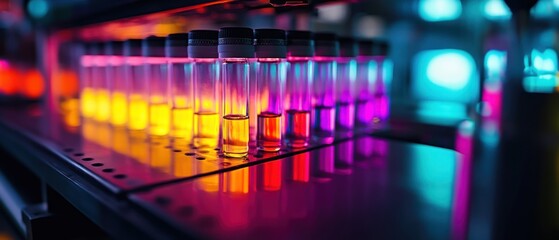 Colorful test tubes in a laboratory, showcasing scientific experimentation and research.