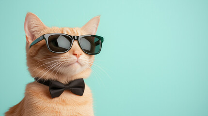 Playful Ginger Cat Wearing Sunglasses with Bow Tie on Cyan Background