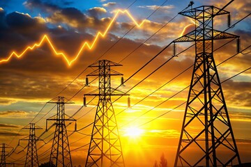 Macro Photography of Power Lines Against a Vibrant Sunset with a Yellow Zig-Zag Line Symbolizing Fluctuating Electricity Prices for Energy Market Analysis and Financial Reports