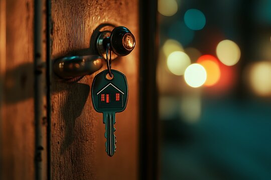 A key with a house-shaped fob hanging on a door handle in a modern home interior, a real estate concept, close-up. High-quality photo. Blurred background concept