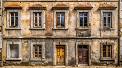 Fototapeta premium Weathered facade with windows and doors, showcasing the passage of time and the enduring strength of architectural design
