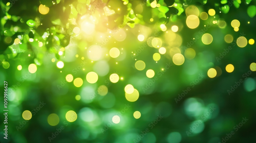 Poster an enchanting abstract banner illustrating a spring background filled with luminous green bokeh ligh