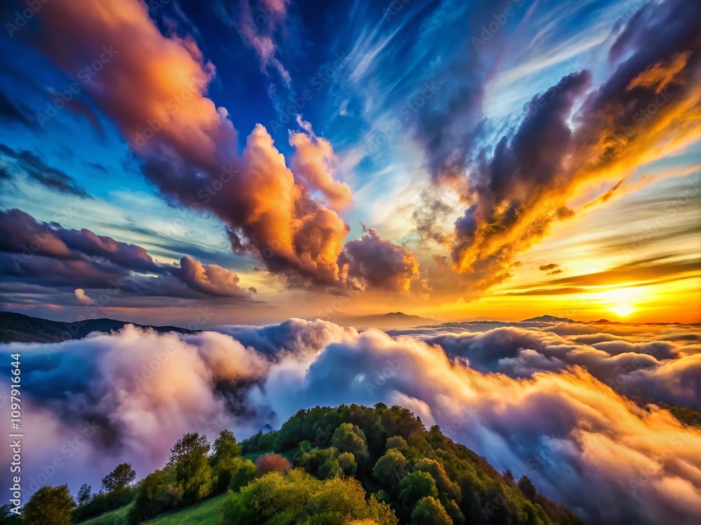 Poster majestic cloudscape: a vibrant display of colorful clouds and ethereal fog with soft steam and gentl