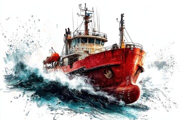 Dynamic illustration of a powerful red ship navigating rough seas