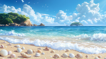 Idyllic beach with crystal-clear waters, shells scattered on the sand, and a tropical island visible in the distance, anime style, wallpaper