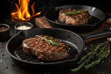 Grilled Steaks with Rosemary and Peppercorns in Black Cast Iron Skillets on Flames, Low Light Photography