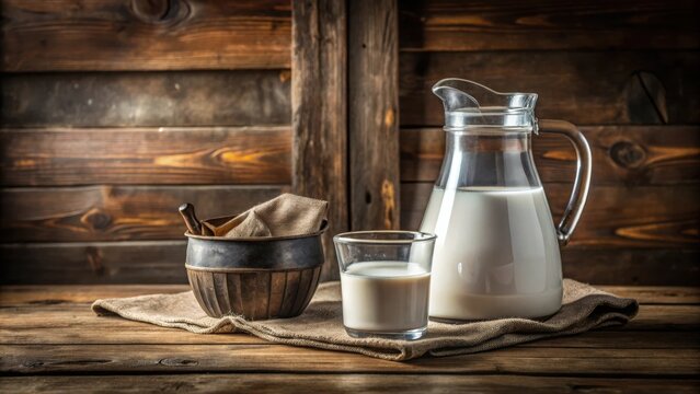 A rustic wooden table with a glass of milk, a pitcher of milk, and a wooden bowl with a burlap sack on a rustic burlap cloth