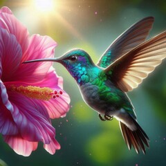 Obraz premium A colorful hummingbird delicately hovers near a pink flower, bathed in soft sunlight. The intricate details of its feathers and the vivid hues of the flower create a stunning, serene nature scene.. AI