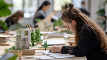 A modern classroom where students are learning about sustainable architecture