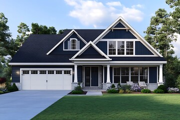 Obraz premium New Craftsman-style cottage home with white trim, front yard with green grass and paver walkway