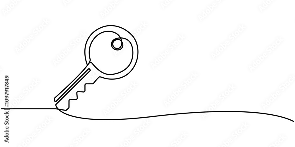 Poster One line drawing of big key isolated on white background. continuous line drawing of key vector illustration one line style, Security concept continuous line art. Editable outline. Vector minimalist 
