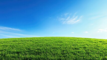 Obraz premium Serene landscape of a green grassy field with a bright blue sky