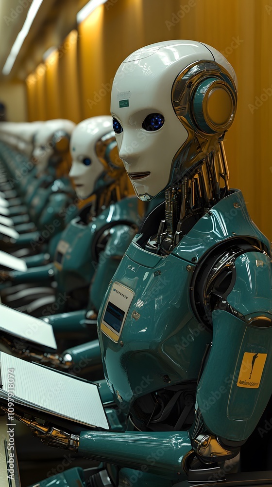 Poster a row of humanoid robots seated at desks, ready for tasks or interaction.