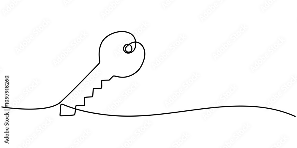 Poster One line drawing of big key isolated on white background. continuous line drawing of key vector illustration one line style, Security concept continuous line art. Editable outline. Vector minimalist 