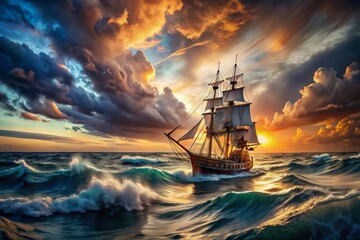 Obraz premium Majestic Model Ship Sailing Through Choppy Waves Under Dramatic Cloudy Skies – Long Exposure Photography Capturing the Essence of Nautical Adventure and Nature's Power