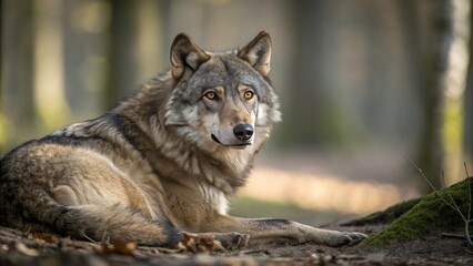 Fototapeta premium Intense Wolf Gaze in the Wild - Majestic Canine Portrait with Strong Presence and Natural Habitat