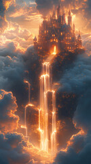 Fantasy castle floating among clouds, with waterfalls cascading from the castle and golden light illuminating the scene, anime style, wallpaper
