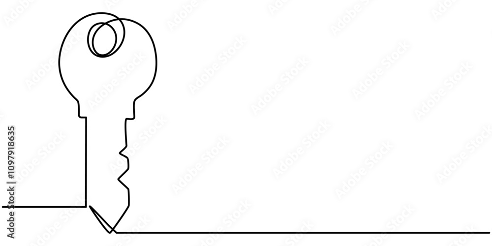 Poster One line drawing of big key isolated on white background. continuous line drawing of key vector illustration one line style, Security concept continuous line art. Editable outline. Vector minimalist 
