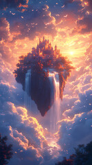Fantasy castle floating among clouds, with waterfalls cascading from the castle and golden light illuminating the scene, anime style, wallpaper