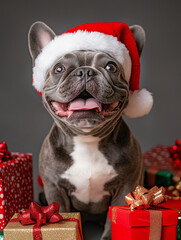 French Bulldog puppy in a Santa Claus hat