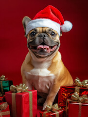 French Bulldog puppy in santa claus hat