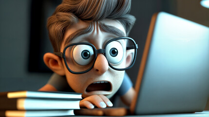 Closeup of a boy with large glasses looking horrified look of panic at a laptop computer screen. 