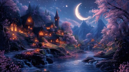 Fototapeta premium Enchanting landscape with cherry blossoms and starry night sky over a serene village.