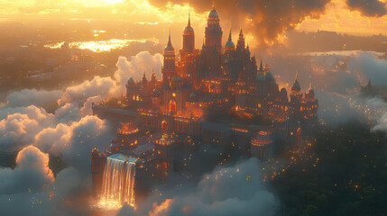 Fantasy castle floating among clouds, with waterfalls cascading from the castle and golden light illuminating the scene, anime style, wallpaper