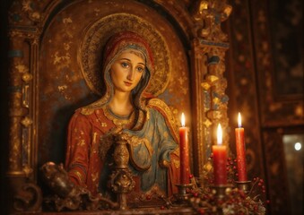Fototapeta premium Religious icon of the Virgin Mary, sacred mood, candlelit altar, ornate artwork with warm colors