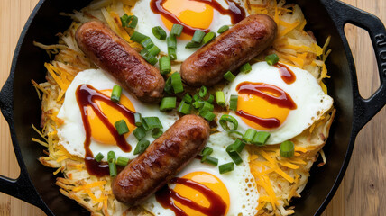 A delicious skillet breakfast featuring golden hash browns, sunny-side-up eggs, sausage links, and a drizzle of ketchup, garnished with green onions.