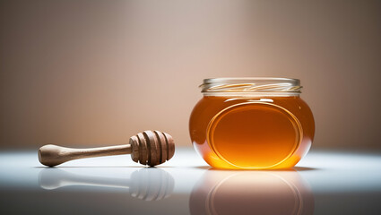 Golden honey jar with wooden dipper isolated on transparent background, Generative Ai.