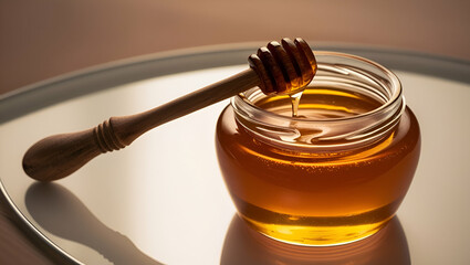 Golden honey jar with wooden dipper isolated on transparent background, Generative Ai.