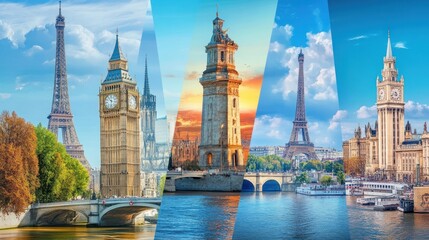 Iconic European Landmarks: A Panoramic Collage of Paris, London's Big Ben, and more!