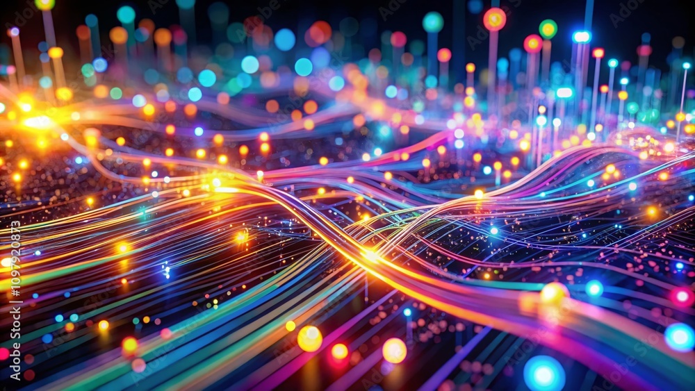 Poster mesmerizing 3d render of sci-fi background with glowing multicolor particles and abstract circuitry,
