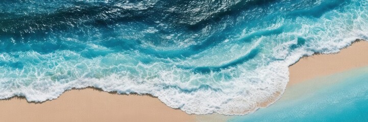 Fototapeta premium an aerial view of a beach with waves crashing onto the shore. The ocean water is a vibrant blue, transitioning to a lighter turquoise as it approaches the sandy beach