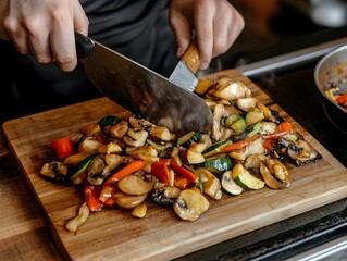 A person chopping colorful vegetables on a wooden cutting board for cooking.