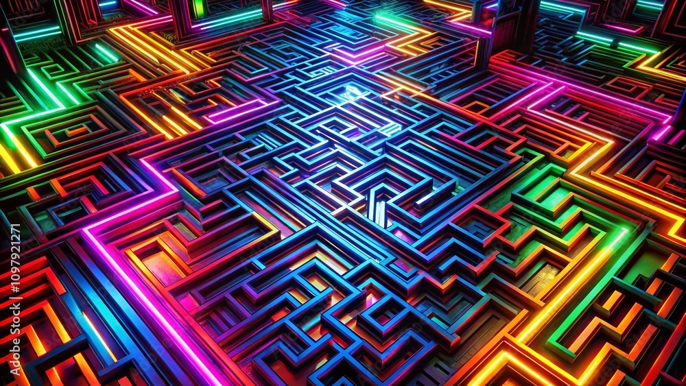 Poster mesmerizing maze of neon patterns in a dark abstract capture, perfect for wallpaper design and inspi