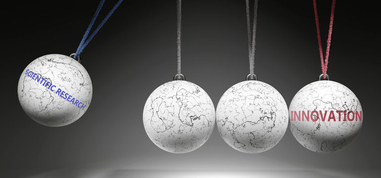 Scientific Research and Innovation - cause and effect relationship. A Newton cradle metaphor showing how scientific research results in innovation. It initiates innovation. ,3d illustration