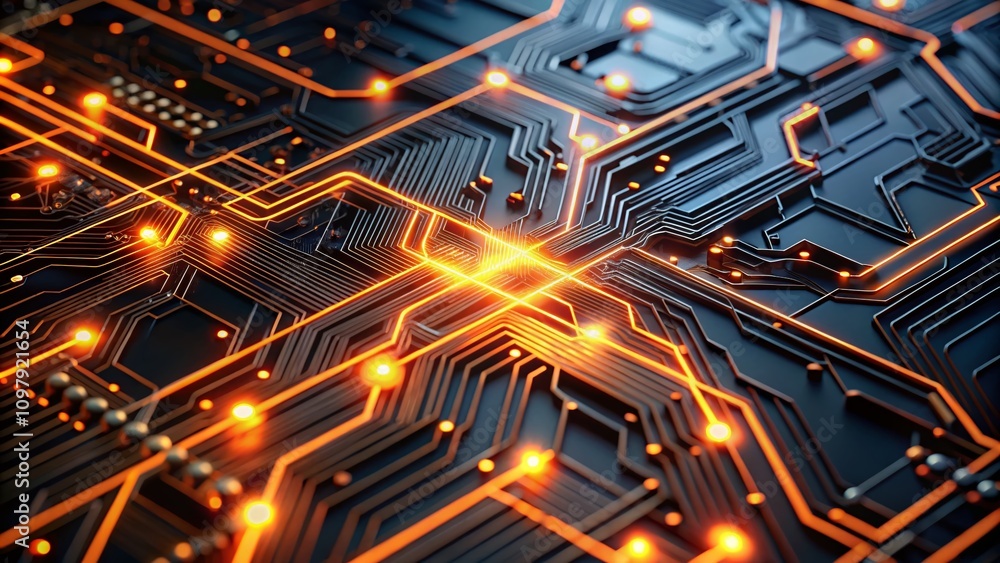 Poster minimalist abstract circuit board with glowing orange patterns depicting modern technology and digit