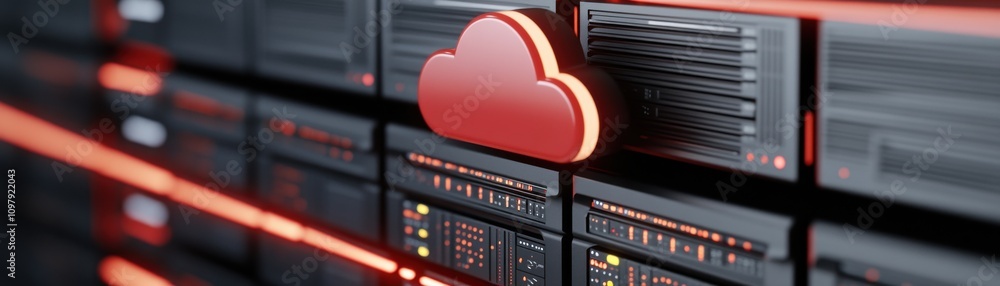 Poster a close-up of a cloud icon on a server rack, symbolizing cloud computing and data storage technology