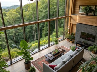 Modern Living Room with Expansive Windows Overlooking Lush Green Forest - Macro Photography of Interior Design, Nature Views, and Contemporary Decor