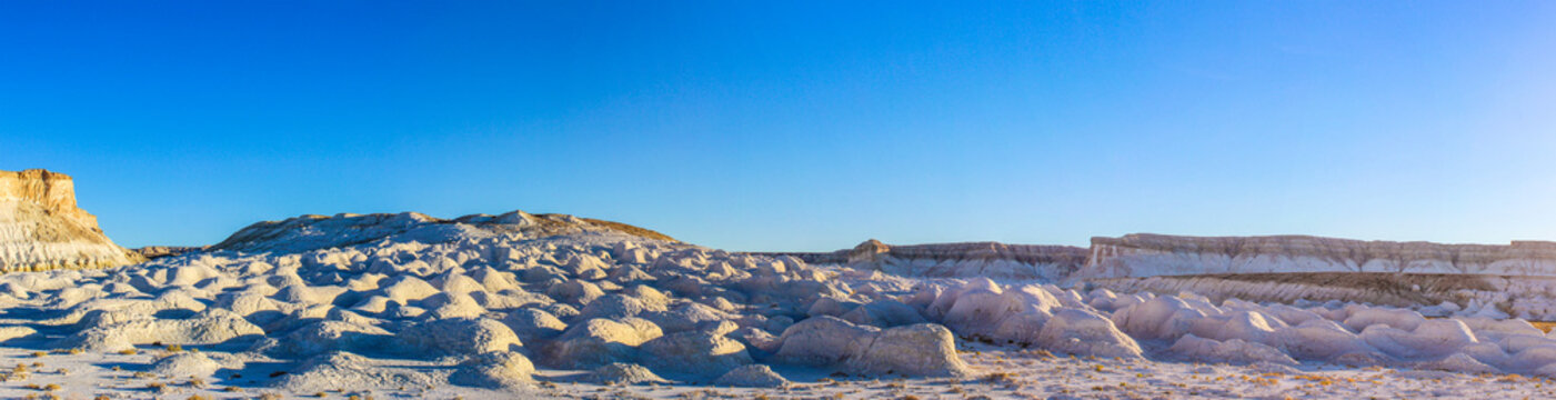 Panoramic landscape of prehistoric Tethys Ocean chalk rock formations in Boszhira valley, Mangystau, Kazakhstan