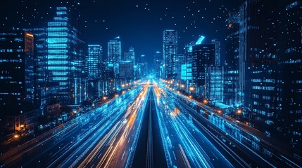 Fototapeta premium tron legacy, blue neon light ambience city, long wide road, wide perspective angle