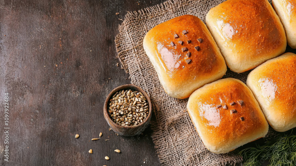Poster fresh bread rolls with soft golden crusts and seeds on rustic table
