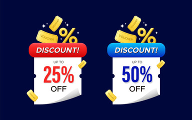 Discount up to twenty five and fifty percent off voucher coupon banner design. Vector design for promo, marketing, promotion, sale, discount, online sale, web, marketplace or social media. 