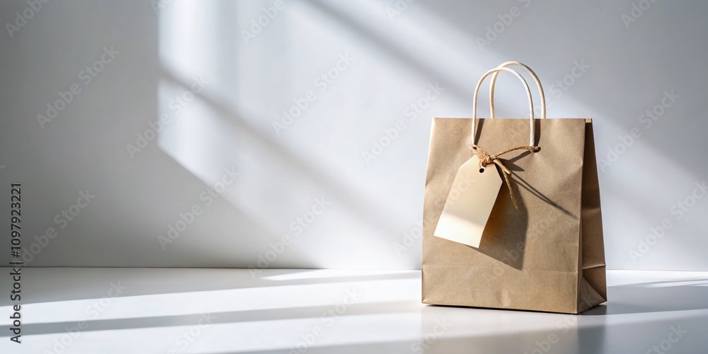 Aufkleber Minimalist Gift Bag with Blank Tag on White Background - A Symbol of Simplicity and Mystery in Perfect Composition Using the Rule of Thirds for Visual Harmony