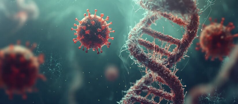 Floating virus with DNA helix background, scientific precision