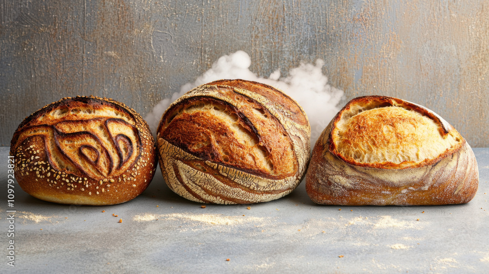Poster artisan bread with intricate crust patterns and soft texture